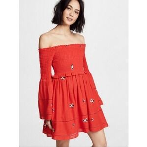 Free People Counting Daisies Bell Sleeved Dress Red Embroidery Boho‎ Size Small